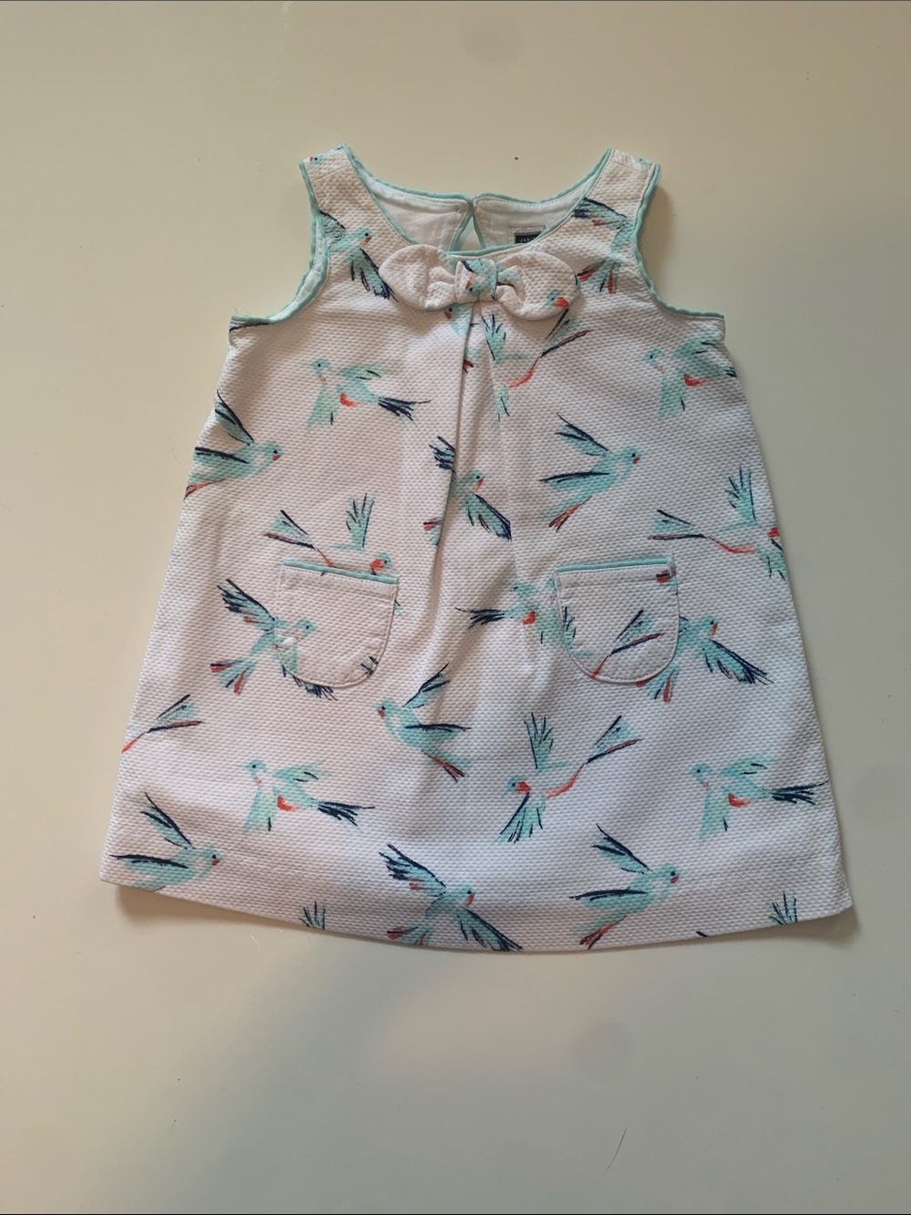 Janie and Jack White Sleeveless Dress with Mint and Coral Bird Print Size 3-6 mo